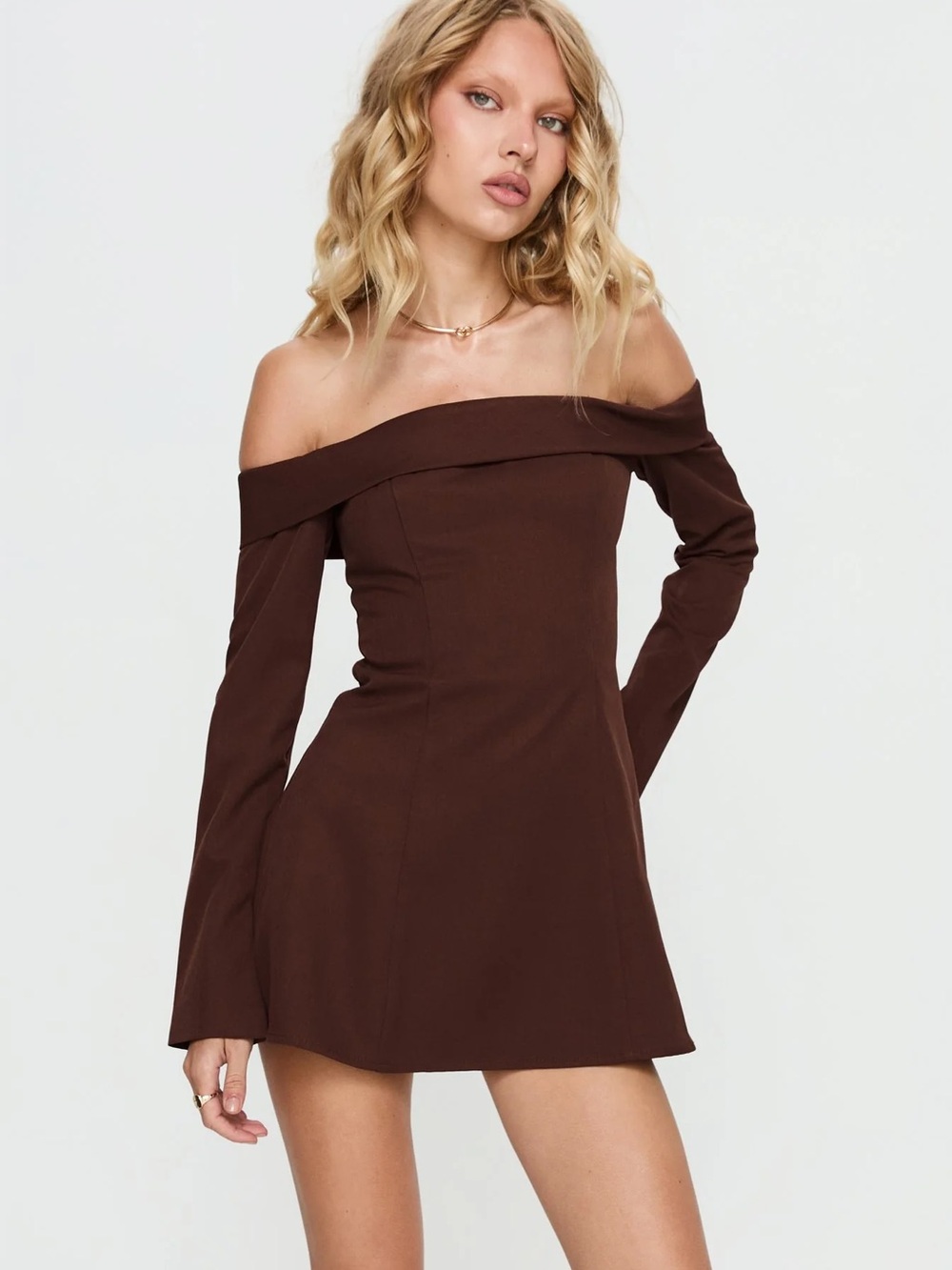NEW Princess Polly Off-Shoulder Chocolate Brown Mini Dress Romper with Tags